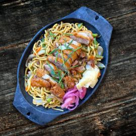 Fried duck breast with ramen noodles