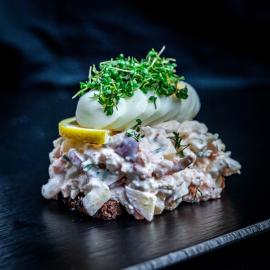 Open-faced sandwich with egg and shrimps