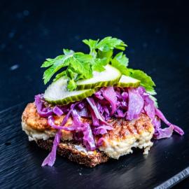 Open-faced sandwich with Danish meatball