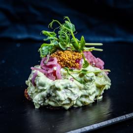 Danish open-faced sandwich with avocado potatosalad