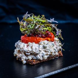Open-faced sandwich with salmon rillette