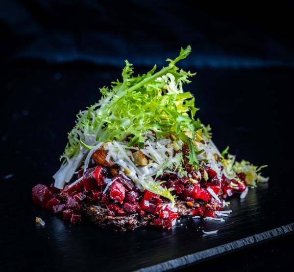 Open-faced sandwich with beetroot tartare